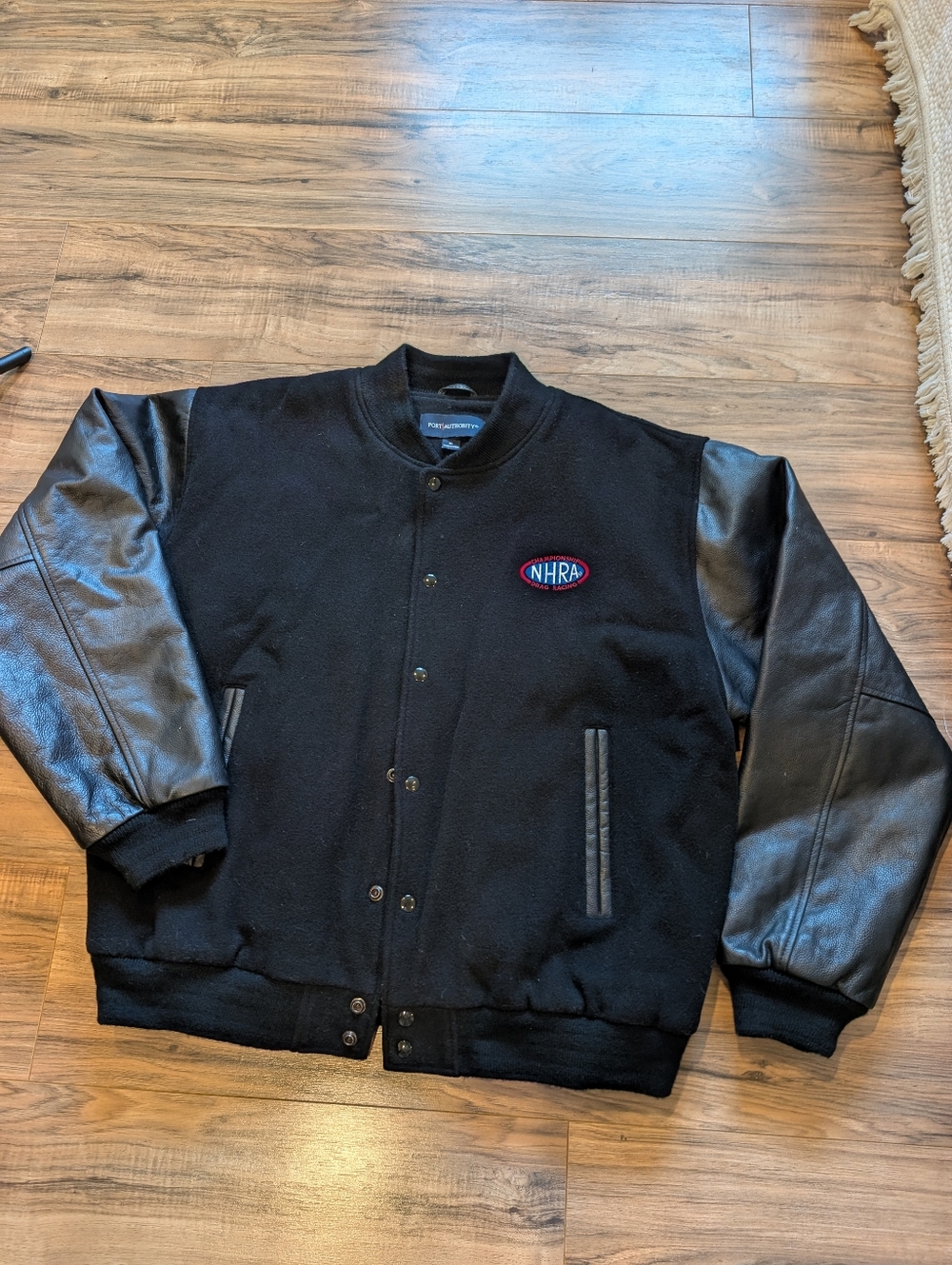 Port Authority Black Wool Varsity Jacket with Leather Sleeves